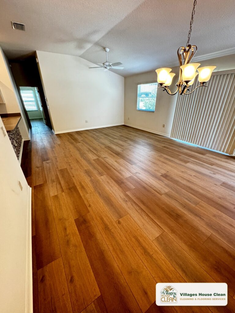 Completed flooring installation in a bright living area